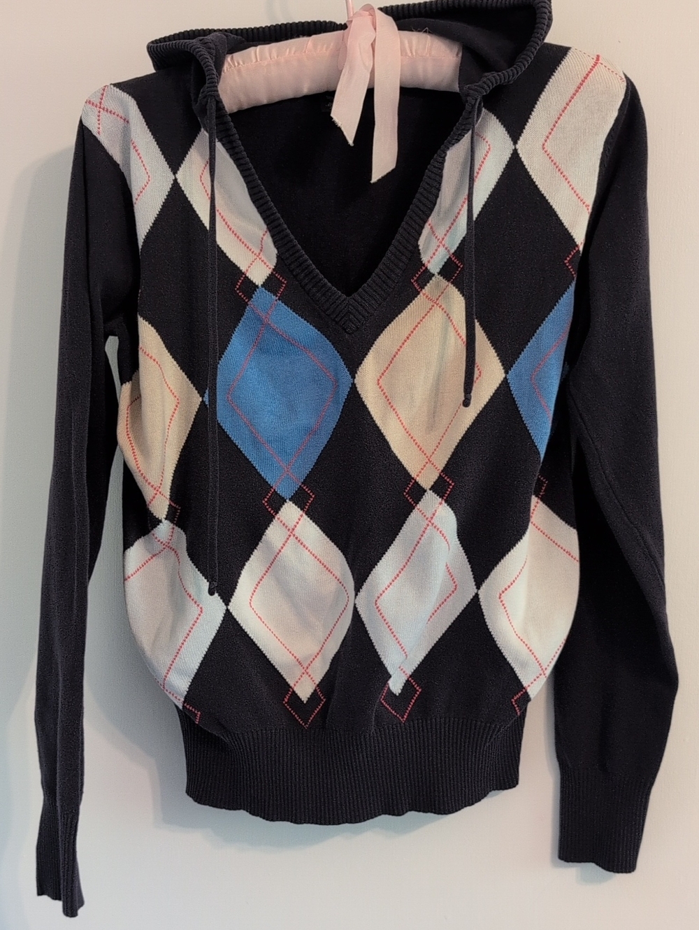 Women’s Navy Blue Argyle V-Neck Hooded Sweater with Blue and Cream Diamonds